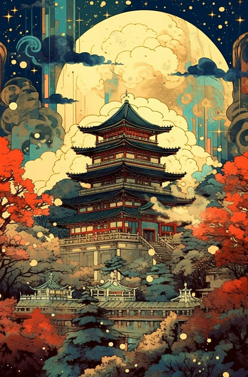 晚霞月亮古典复古中国风国潮楼阁阁楼插画,插画/手绘图,插画/手绘图库,插画/手绘图下载,插画/手绘